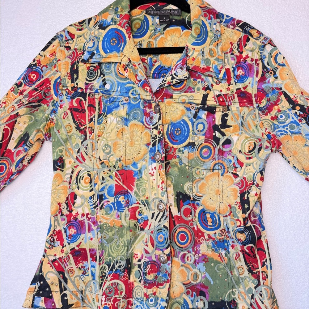 Mirror Image Vibrant Multicolor Jacket Abstract Stretchy Size S Button Down